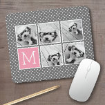 Grått och Rosa Instagram 5 Photo Collage Monogram Musmatta<br><div class="desc">Pastel and White Polka Dot Mönster - Använda fem fyrkantiga bilder för att skapa en unik och personlig gåva. Eller så kan du behålla hipstervalpen och göra ett trendig till keepy. Om du behöver justera bilder klickar du på verktyg för att anpassa ändringar.</div>