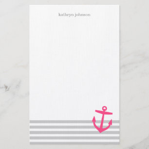 Grått och Rosa Nautical Rand och Cute Anchor Brevpapper