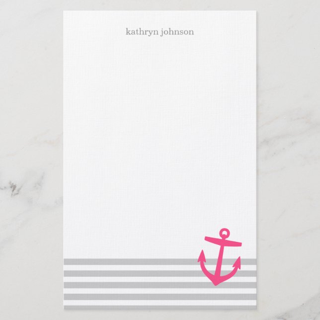 Grått och Rosa Nautical Rand och Cute Anchor Brevpapper (Framsida)
