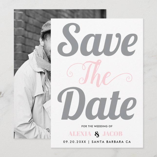 Grått- och rosa-typografi och foto på baksidan spara datumet (Fram/baksida)