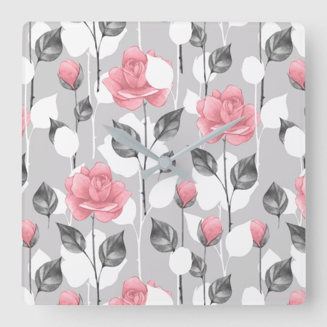 Grått och rosor. Blommönster Fyrkantig Klocka (Framsida)