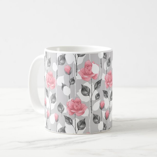 Grått och rosor. Blommönster Kaffemugg (Framsida vänster)