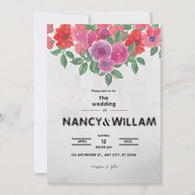 Grått Och Rött Blommigt Bröllopsfirande Inbjudningar (Framsida)