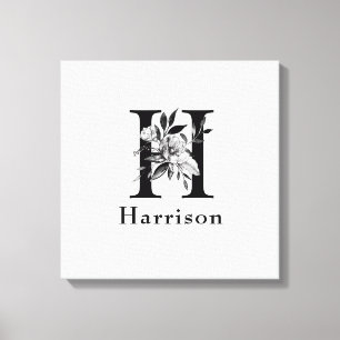 Grått och svart Blommigt Monogram Brev H Anpassnin Canvastryck