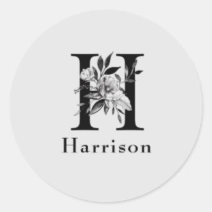 Grått och svart Blommigt Monogram Brev H Anpassnin Runt Klistermärke