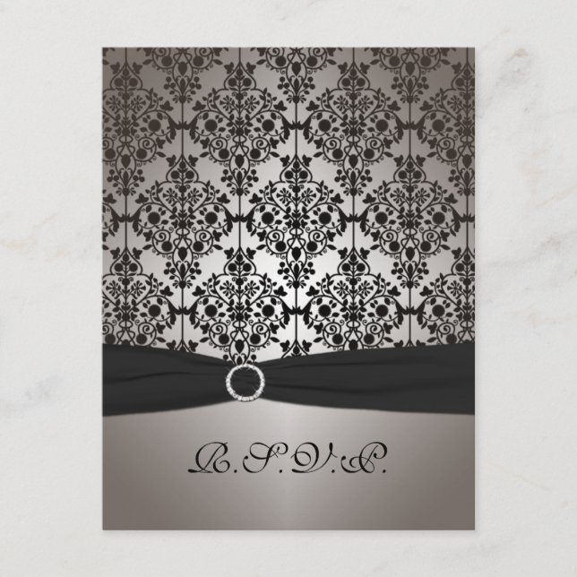 Grått och svart damask-svart bröllops-RSVP-kort OSA Kort (Framsida)