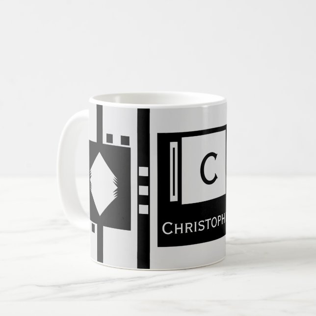 Grått och svart rand, kvadrater namn kaffemugg (Framsida vänster)