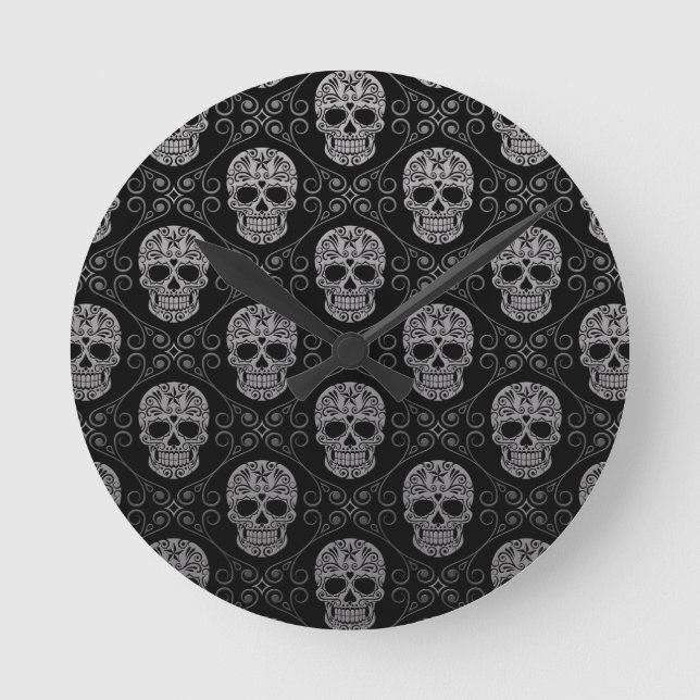 Grått och svart socker Skull Mönster Rund Klocka (Framsida)