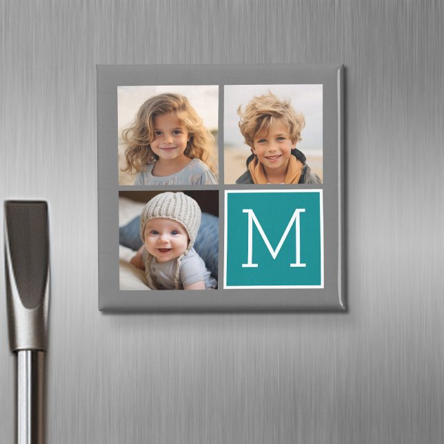 Grått och teal - Fotokollage Monogram Magnet (Personalized fridge magnet with photos and custom text)