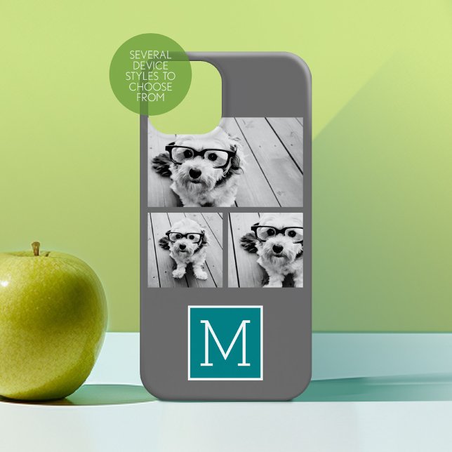 Grått och Teal Instagram Photo Collage Monogram (Personalized Phone Case with Custom Photos Text - Choose a Device Style)