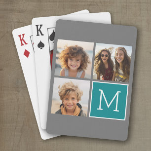Grått och Teal Instagram Photo Collage Monogram Spel Kort
