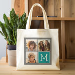 Grått och Teal Instagram Photo Collage Monogram Tygkasse<br><div class="desc">Använda 3-kvadratfoton som skapar en unik och personlig gåva. Eller så kan du behålla hipstervalpen och göra ett trendig till keepy. Om du behöver justera bilder klickar du på verktyg för att anpassa ändringar.</div>