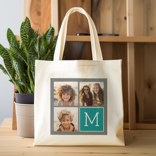 Grått och Teal Instagram Photo Collage Monogram Tygkasse (Personalized tote bag with photos and monogram)