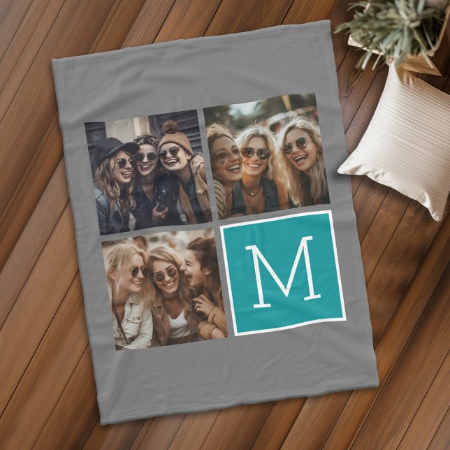 Grått och Teal Square 3 Photo Collage Monogram Fleecefilt (Personalized fleece blanket with 3 photos and custom text - Makes a great Gift)