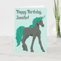 Grått och Teal Unicorn Personlig Birthday