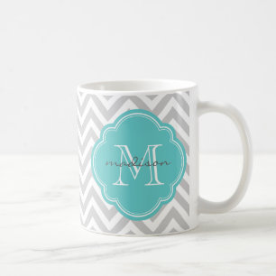 Grått och turkos Chevron Anpassningsbar Monogram Kaffemugg