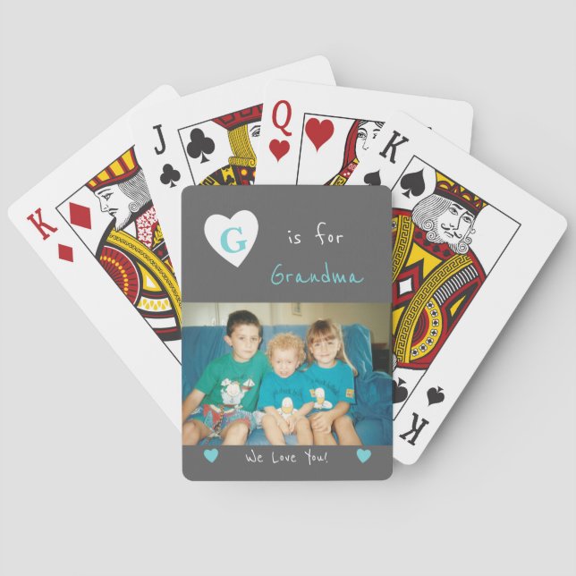 Grått och turkos med namn och foto spel kort (Baksidan)