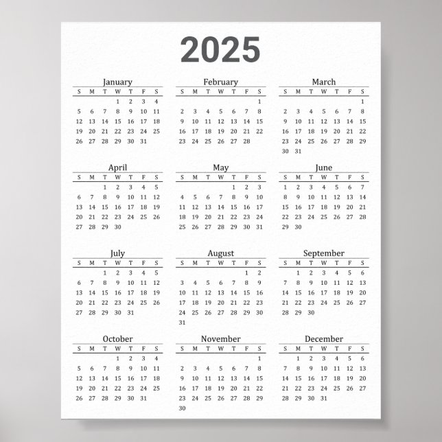Grått och Vit 2025 år i en snabbkalender Poster (Framsidan)