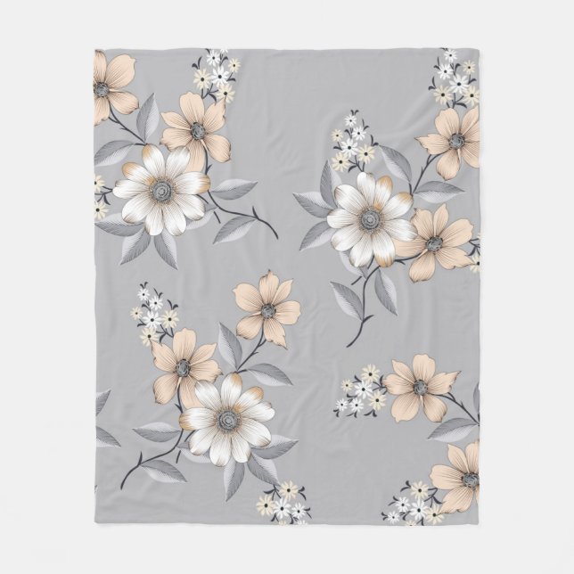 grått och vit blomma Mönster på grått-bakgrunden Fleecefilt (Framsidan)