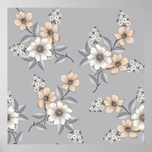 grått och vit blomma Mönster på grått-bakgrunden Poster