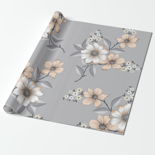 grått och vit blomma Mönster på grått-bakgrunden Presentpapper (Utrullad)