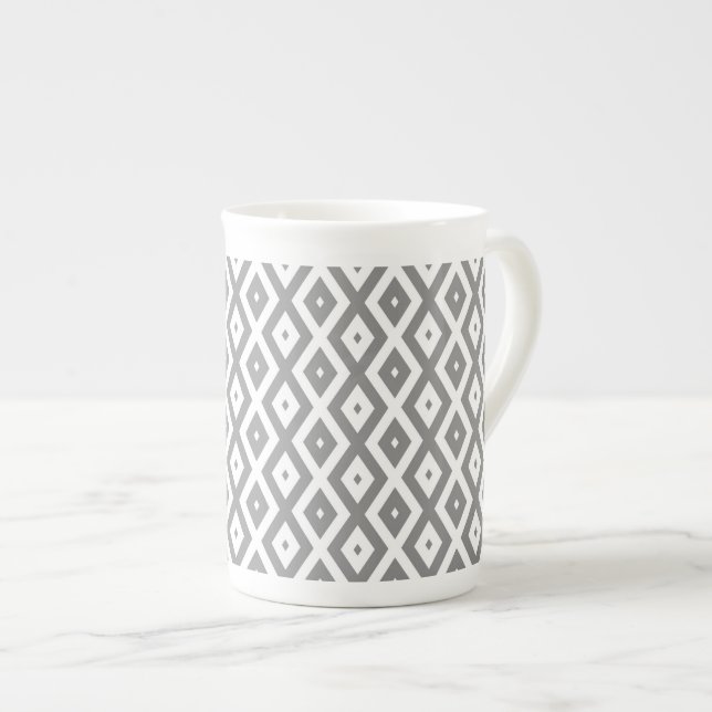 Grått och vit diamant mönster benporslin mugg (Framsida höger)