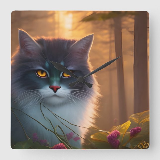 Grått- och vit fluffy-skogskatt, Fantasy Fyrkantig Klocka (Framsida)