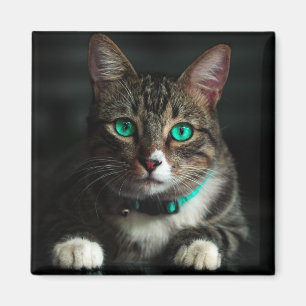 Grått och vit katt med blå Ögon och matchande koll Magnet