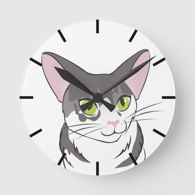 Grått och vit katt rund klocka (Framsida)