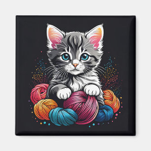 Grått och vit kattunge med garn magnet