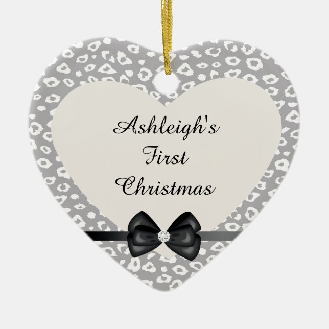 Grått och vit leopard Skriv ut med Bow Julgransprydnad Keramik (Framsidan)