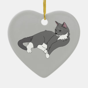 Grått och vit Tuxedo-katt Julgransprydnad Keramik