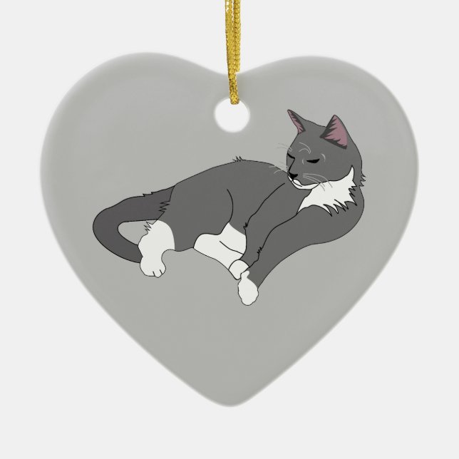 Grått och vit Tuxedo-katt Julgransprydnad Keramik (Framsidan)