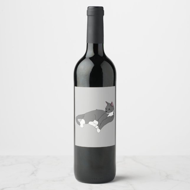 Grått och vit Tuxedo-katt Vinflaska Etikett (Framsida)