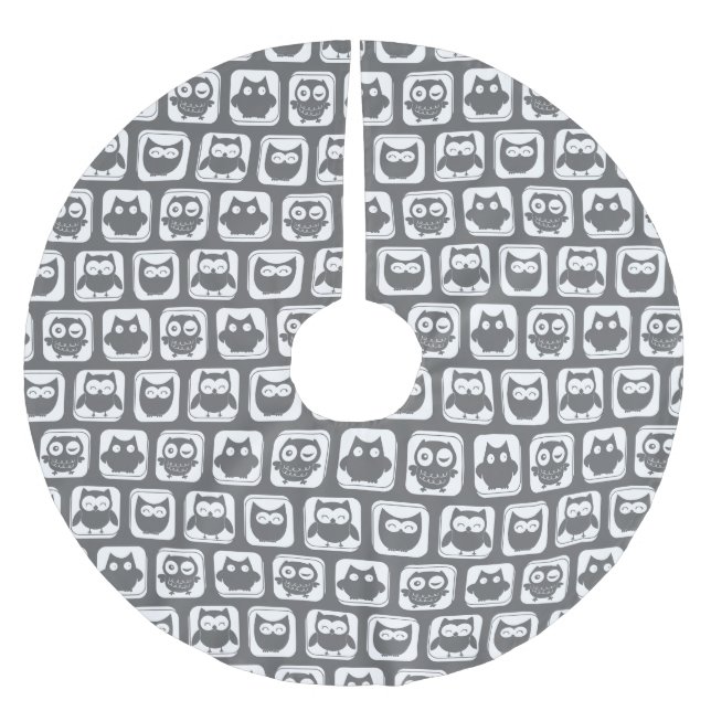 Grått och Vita Uggla Mönster Julgransmatta Borstad Polyester (Framsidan)