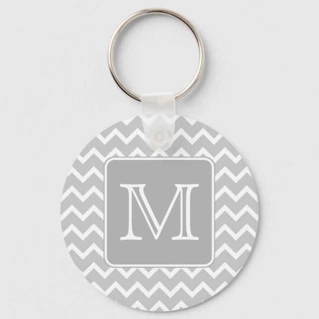 Grått och vita Zigzags med Anpassningsbar Monogram Nyckelring (Framsida)