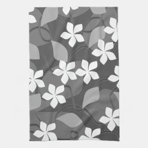 Grått- och vitblommor. Blom- modell Kökshandduk
