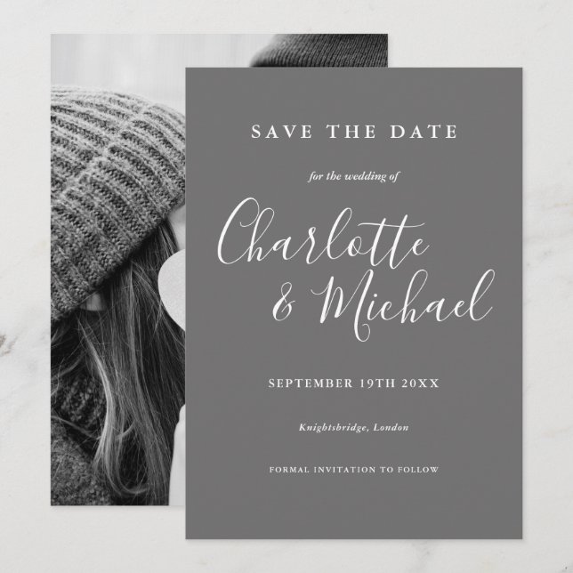Grått och Vitt Bröllop Spara datum Foto  Inbjudningar (Fram/baksida)
