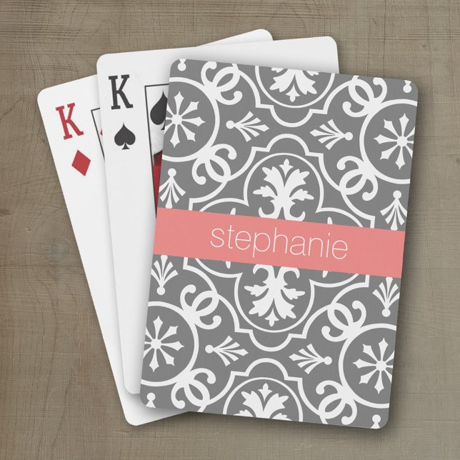 Grått och vitt geometriskt Mönster med eget namn Kortlek (Personalized playing cards with a geometric pattern and a place for a name)