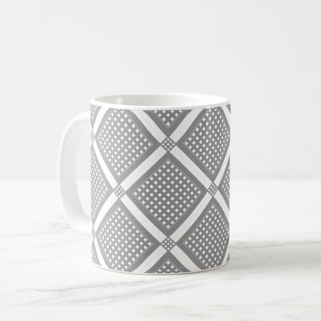 Grått och vitt geometriskt rutigt mönster kaffemugg (Framsida vänster)