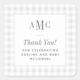 Grått och vitt Gingham Monogram Tack Fyrkantigt Klistermärke