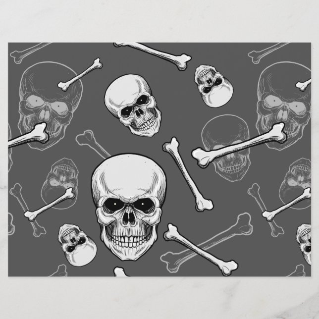 Grått och vitt kranium och ben Scrapbookpapper   Reklamblad (Framsidan)