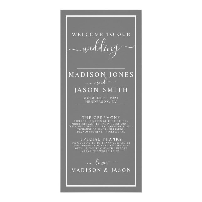 Grått och vitt minimalistiskt Bröllopsprogram Reklamkort (Framsidan)