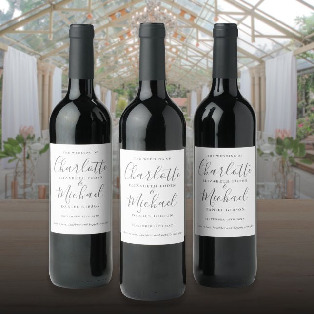 Grått och vitt Namnteckning skript Bröllop Vinflaska Etikett (Gray And White Signature Script Wedding Wine Label)