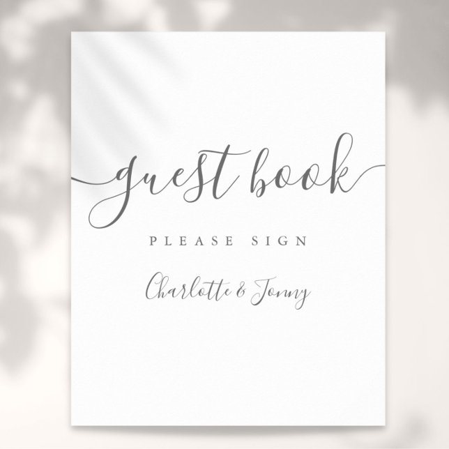 Grått Och Vitt Signaturskript Gästbokssida Poster (Gray And White Signature Script Guest Book Sign)