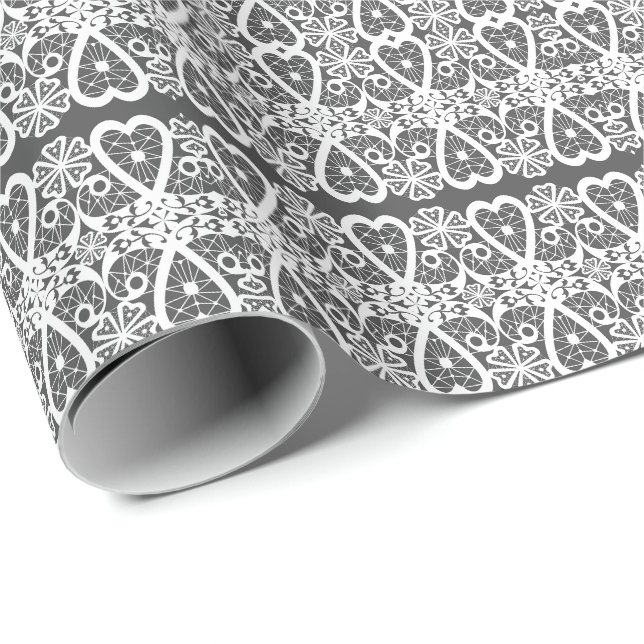 Grått och vitt spetsmönster presentpapper (Rullad Hörn)