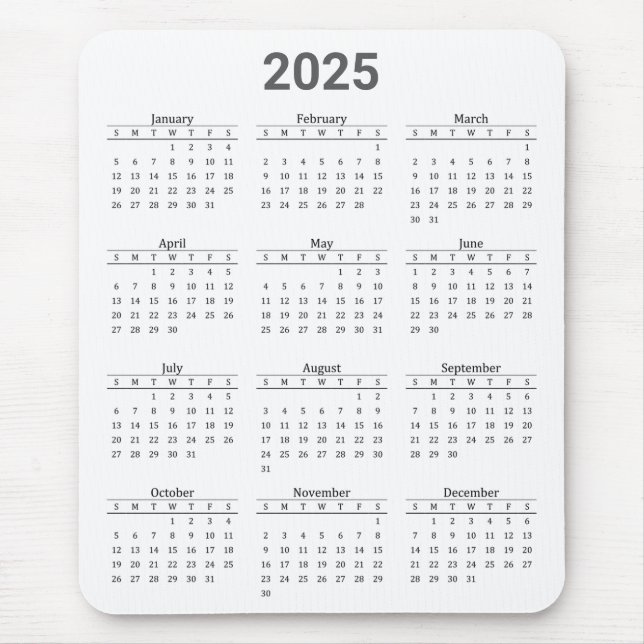 Grått och White 2025 Year at a Glance Calendar Musmatta (Framsidan)