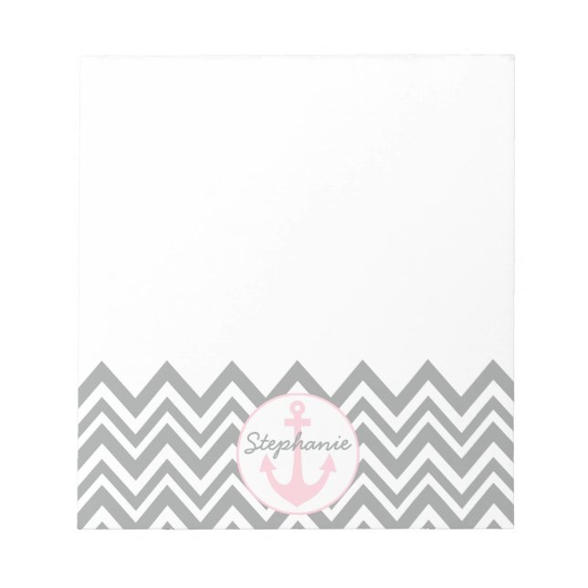 Grått och White Chevron med Pastel Rosa Nautical Anteckningsblock (Framsida)