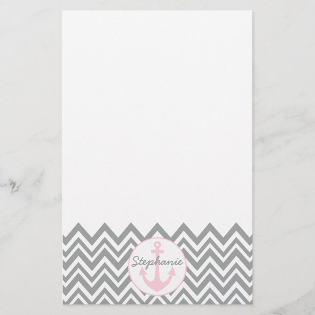 Grått och White Chevron med Pastel Rosa Nautical Brevpapper (Framsida)