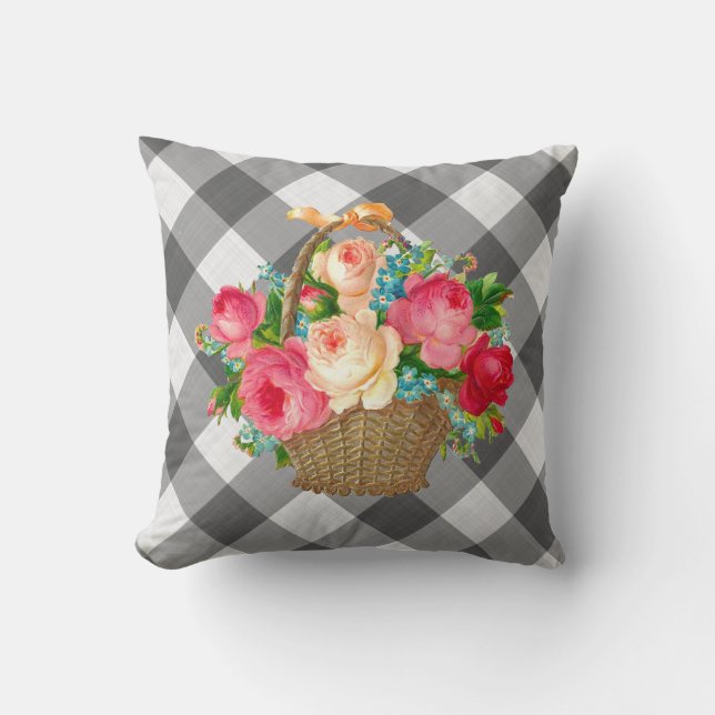 Grått och White Gingham Blommigt Vintage Land Kudde (Framsida)